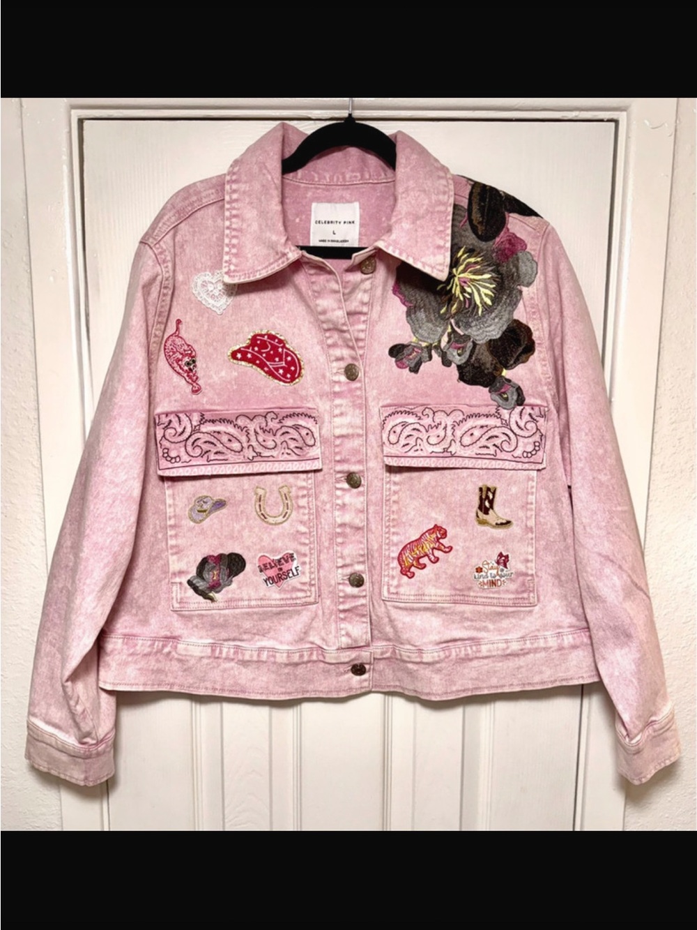 Celebrity Pink Large UPCYCLED Light Pink Embroidered Denim Jacket with Patches